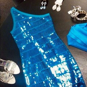 Wow couture Turquoise stretch sequin dress small